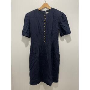 Vintage Womens Midi Dress Size 12 Navy Linen Blend Old Money Secretary 80s
